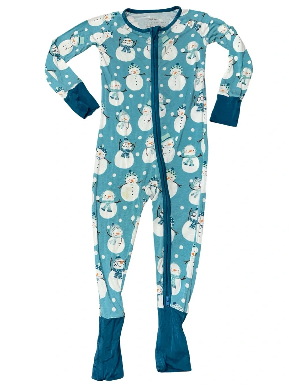 Little Sleepies Sz 18 24 Teal Snowman One Snow Much Fun One Piece Zipper Pajamas